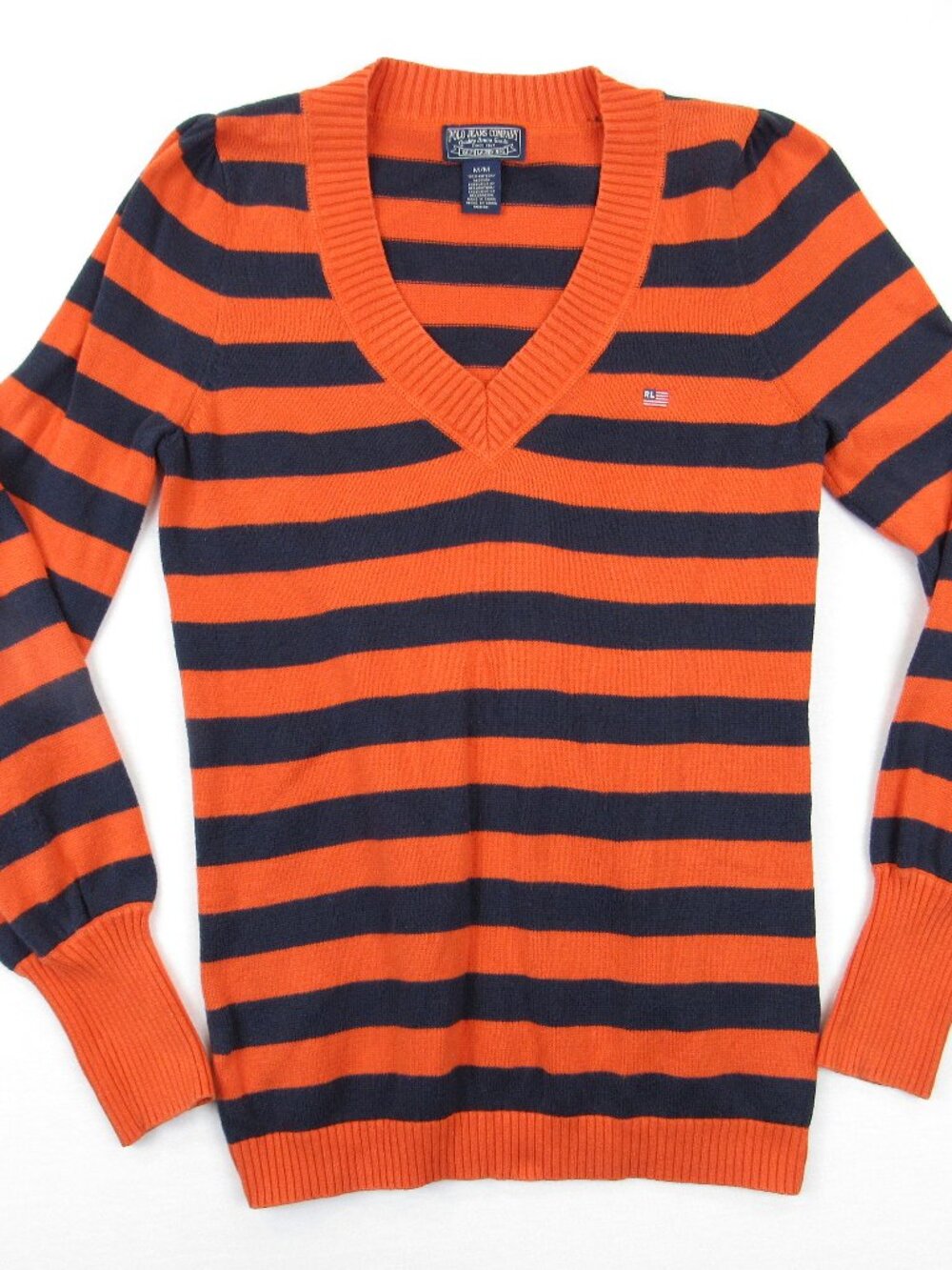 VTG Polo Jeans Company Ralph Lauren V-Neck Sweater Women's M Striped Flag Logo